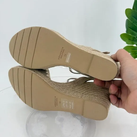 Aquatalia Jiliana Suede Stitch Wedge Espadrille Sandals Size 11 Waterproof Tan