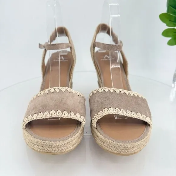 Aquatalia Jiliana Suede Stitch Wedge Espadrille Sandals Size 11 Waterproof Tan
