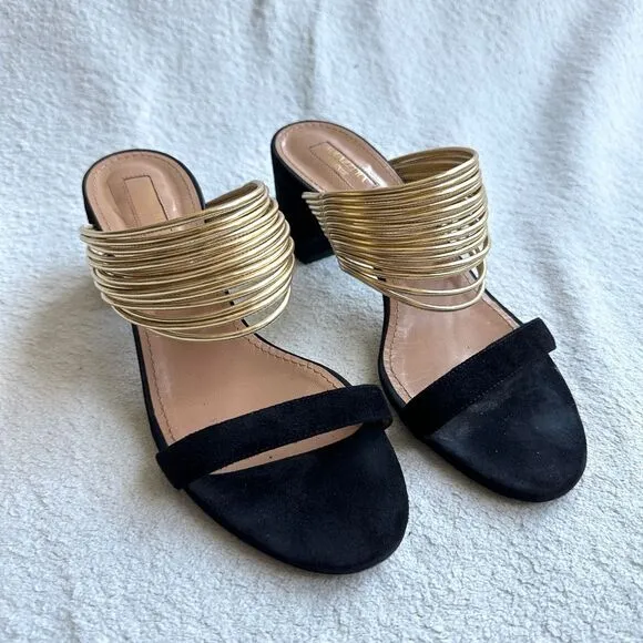 Aquazzura Rendez vous Sandals Black suede Gold strap size 38.5 US 8 heels