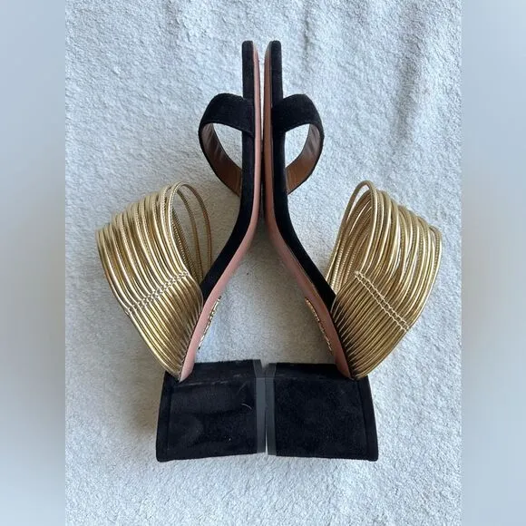 Aquazzura Rendez vous Sandals Black suede Gold strap size 38.5 US 8 heels