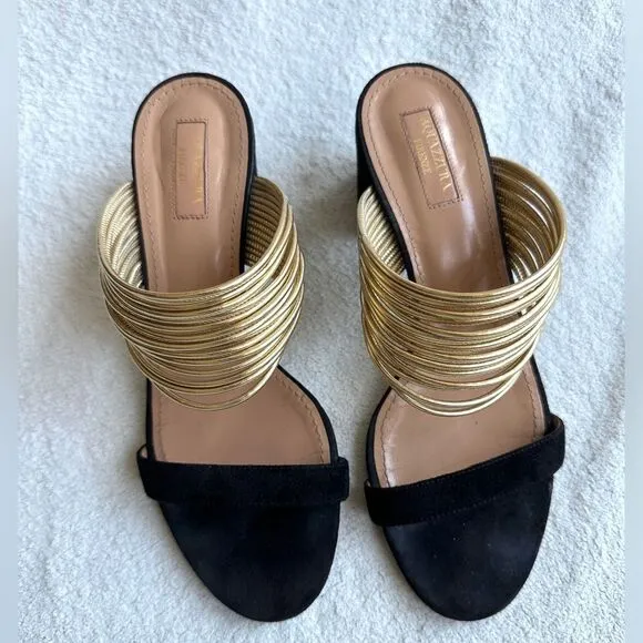 Aquazzura Rendez vous Sandals Black suede Gold strap size 38.5 US 8 heels