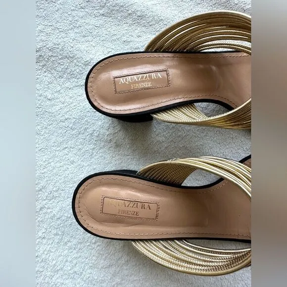 Aquazzura Rendez vous Sandals Black suede Gold strap size 38.5 US 8 heels