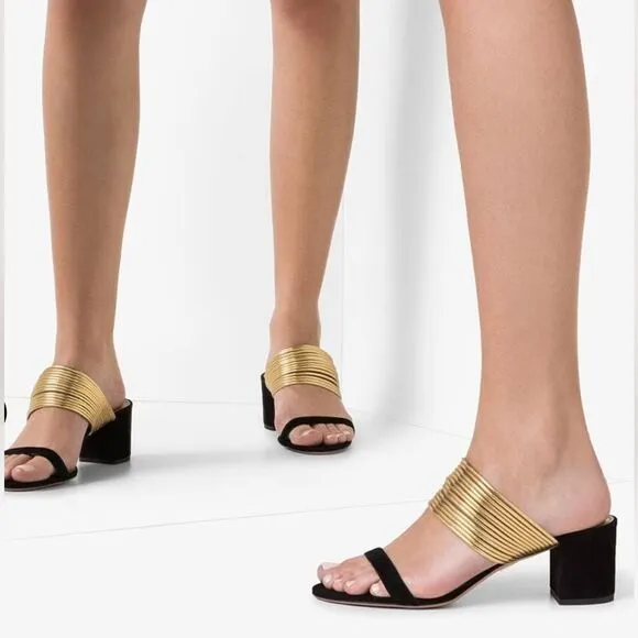 Aquazzura Rendez vous Sandals Black suede Gold strap size 38.5 US 8 heels