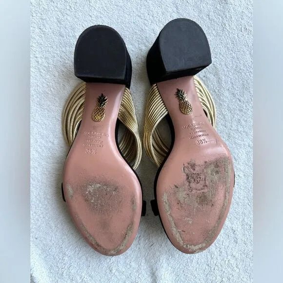 Aquazzura Rendez vous Sandals Black suede Gold strap size 38.5 US 8 heels