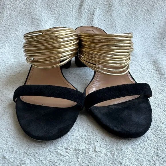 Aquazzura Rendez vous Sandals Black suede Gold strap size 38.5 US 8 heels
