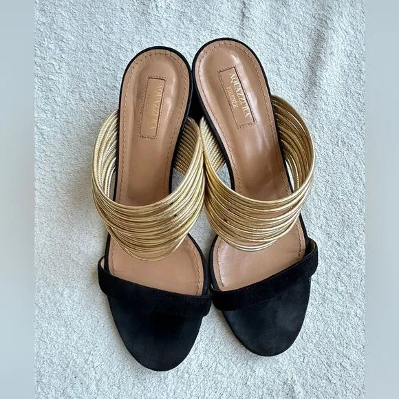 Aquazzura Rendez vous Sandals Black suede Gold strap size 38.5 US 8 heels