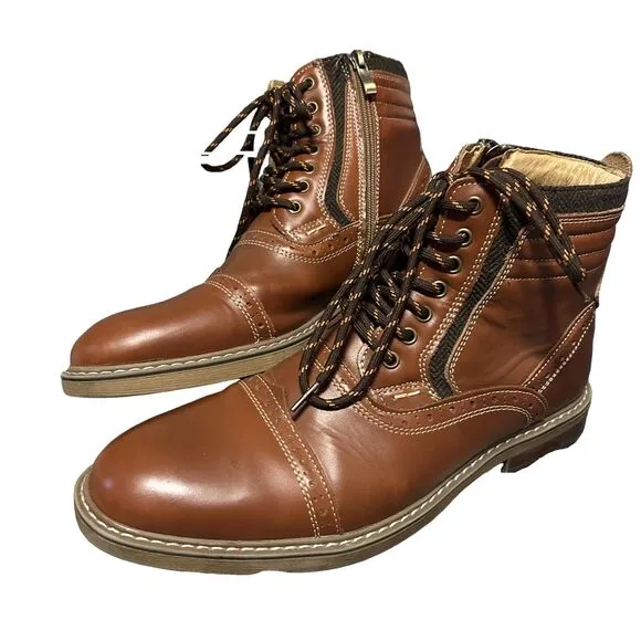 Arkbird Mens Brown Leather Cap Toe Ankle Boots Side Zip Lace Up Size 9