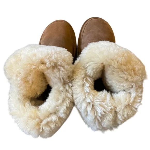 AU&amp;MU Shearling Fur Classic Suede 9 Lace Up Winter Boots Sheepskin Snow Tan
