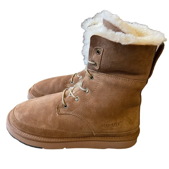 AU&amp;MU Shearling Fur Classic Suede 9 Lace Up Winter Boots Sheepskin Snow Tan