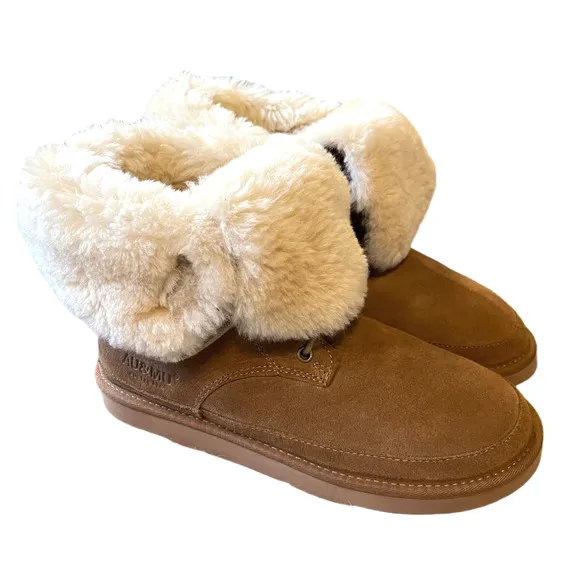 AU&amp;MU Shearling Fur Classic Suede 9 Lace Up Winter Boots Sheepskin Snow Tan