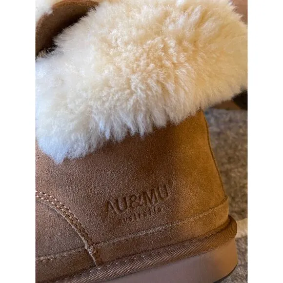 AU&amp;MU Shearling Fur Classic Suede 9 Lace Up Winter Boots Sheepskin Snow Tan