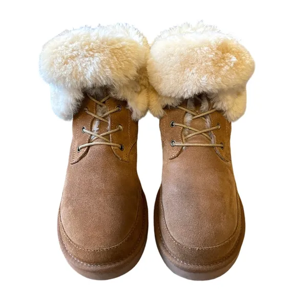 AU&amp;MU Shearling Fur Classic Suede 9 Lace Up Winter Boots Sheepskin Snow Tan