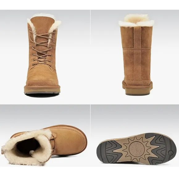 AU&amp;MU Shearling Fur Classic Suede 9 Lace Up Winter Boots Sheepskin Snow Tan