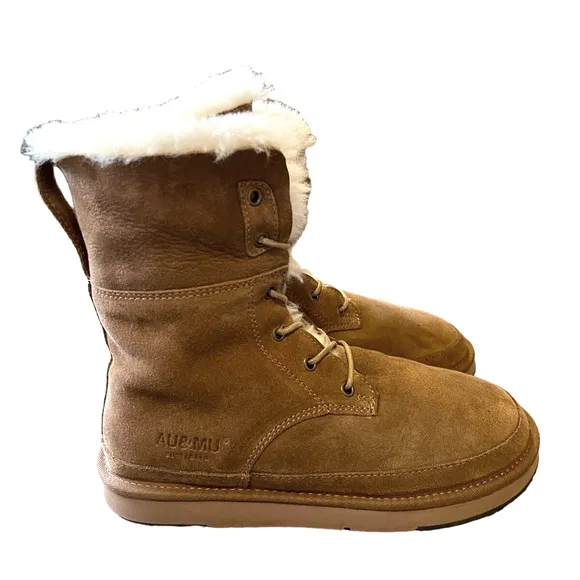 AU&amp;MU Shearling Fur Classic Suede 9 Lace Up Winter Boots Sheepskin Snow Tan