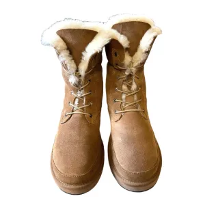 AU&amp;MU Shearling Fur Classic Suede 9 Lace Up Winter Boots Sheepskin Snow Tan