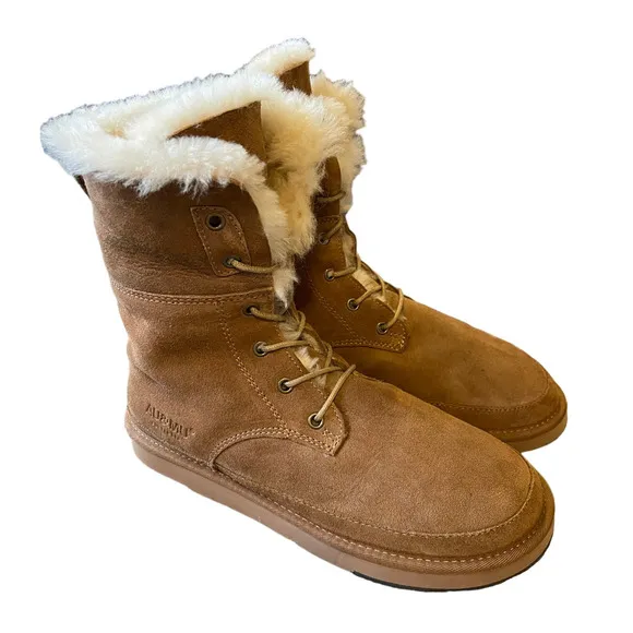 AU&amp;MU Shearling Fur Classic Suede 9 Lace Up Winter Boots Sheepskin Snow Tan