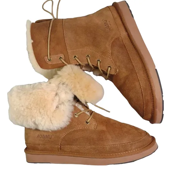 AU&amp;MU Shearling Fur Classic Suede 9 Lace Up Winter Boots Sheepskin Snow Tan