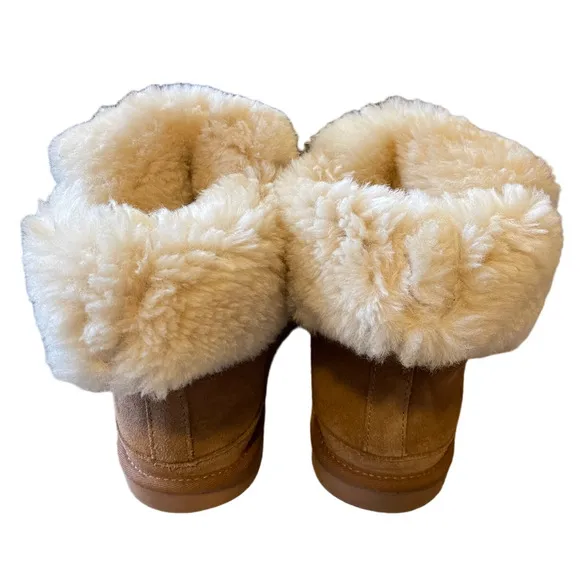 AU&amp;MU Shearling Fur Classic Suede 9 Lace Up Winter Boots Sheepskin Snow Tan