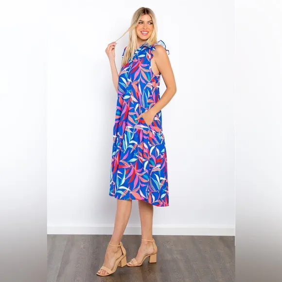 Be Stage Print Ruffled Midi Dress with Pockets