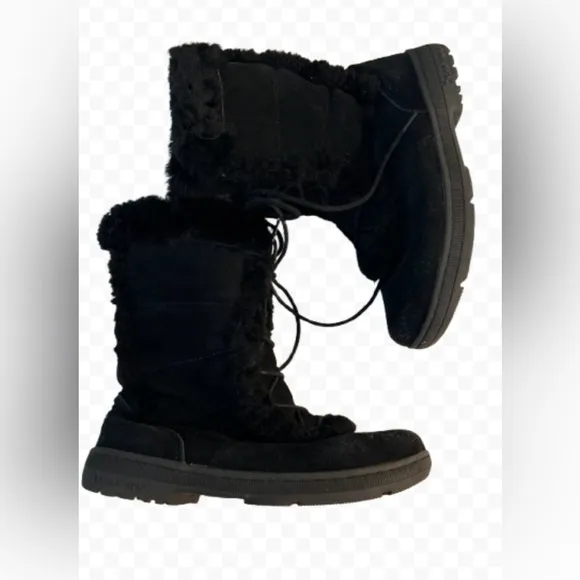 Bearpaw Black Suede Lace Up Alyssa Suede &amp; Sheepskin Wool Boots Size 9