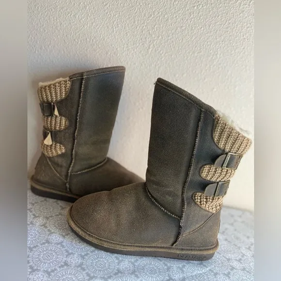 BearPaw~Warm~Cozy~Chestnut~Distressed~Suede Leather~Winter~Slip-On Boots~Size 9
