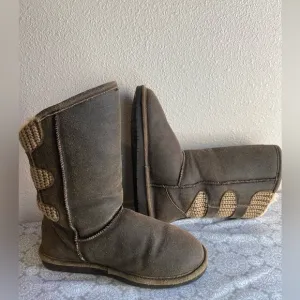 BearPaw~Warm~Cozy~Chestnut~Distressed~Suede Leather~Winter~Slip-On Boots~Size 9