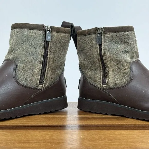 Big Kids Ugg Bayson Casual Brown Leather  Shearling Ankle Boots Booties Size 6 Y