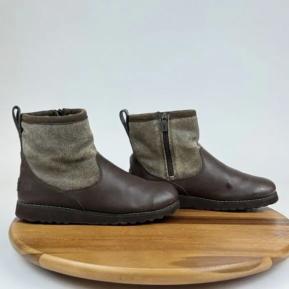 Big Kids Ugg Bayson Casual Brown Leather  Shearling Ankle Boots Booties Size 6 Y
