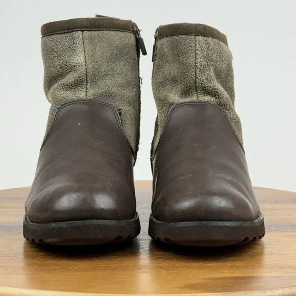 Big Kids Ugg Bayson Casual Brown Leather  Shearling Ankle Boots Booties Size 6 Y