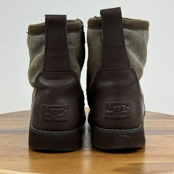Big Kids Ugg Bayson Casual Brown Leather  Shearling Ankle Boots Booties Size 6 Y