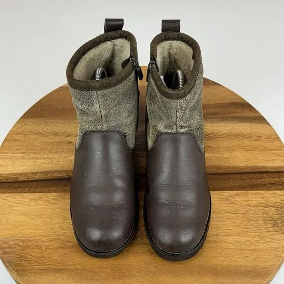 Big Kids Ugg Bayson Casual Brown Leather  Shearling Ankle Boots Booties Size 6 Y