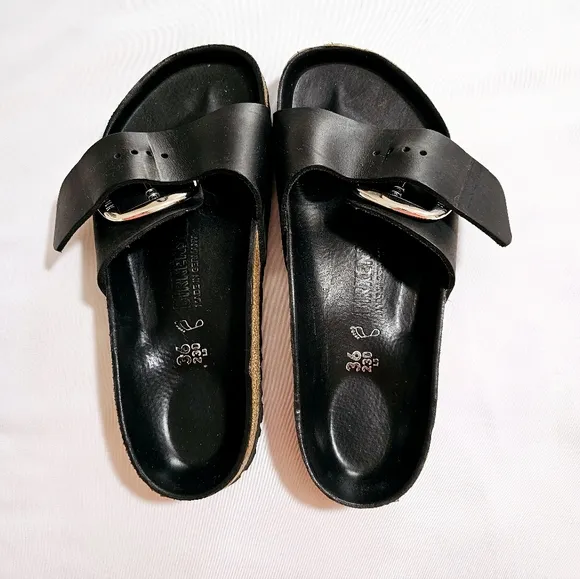 Birckenstock Madrid Black Sandals with Big Silver Buckles