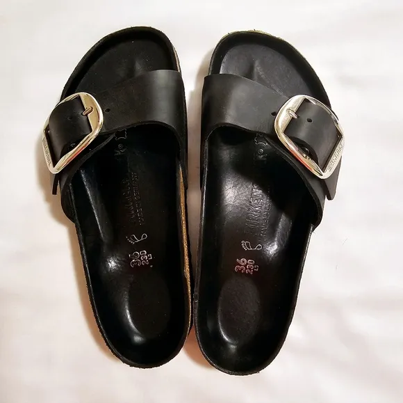 Birckenstock Madrid Black Sandals with Big Silver Buckles