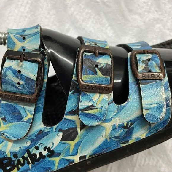 Birkenstock Birkies 3-Strap Blue Fish waterproof Sandals Size 39.5 (8)