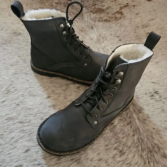 Birkenstock Bryson Women's Shearling Waxy Nubuck Leather Boots in Graphite NEW