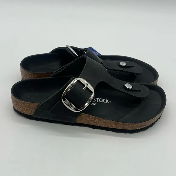 Birkenstock Gizeh Big Buckle Women's Size 7 Black Oiled Leather Sandals Shoes.