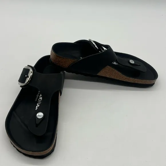 Birkenstock Gizeh Big Buckle Women's Size 7 Black Oiled Leather Sandals Shoes.