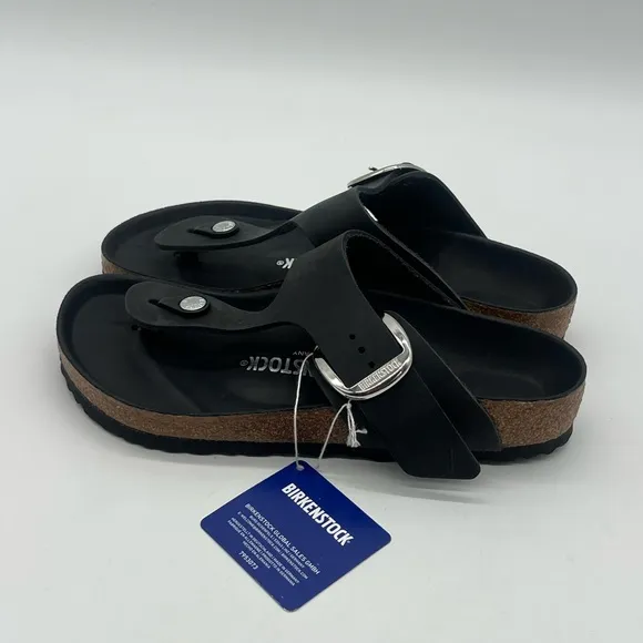Birkenstock Gizeh Big Buckle Women's Size 7 Black Oiled Leather Sandals Shoes.