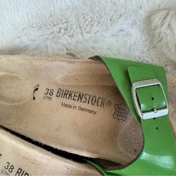 Birkenstock Madrid Green Strap Big Buckle Patent Leather Slide Sandals 38 US 7.5