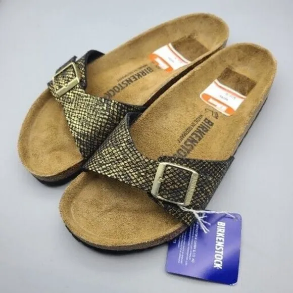 Birkenstock Sandals Madrid Shiny Python Black Women Buckle Slide NEW  US 7 38