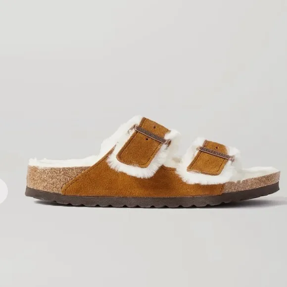 Birkenstock Shearling Lined Sandals - Brown and White