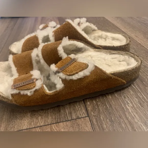 Birkenstock Shearling Lined Sandals - Brown and White