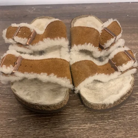 Birkenstock Shearling Lined Sandals - Brown and White