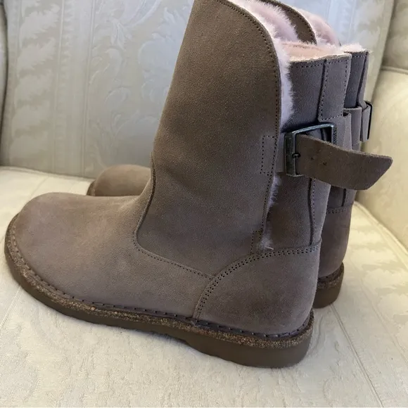 Birkenstock Uppsala shearling suede leather boots in size 7 euro 38 taupe/pink