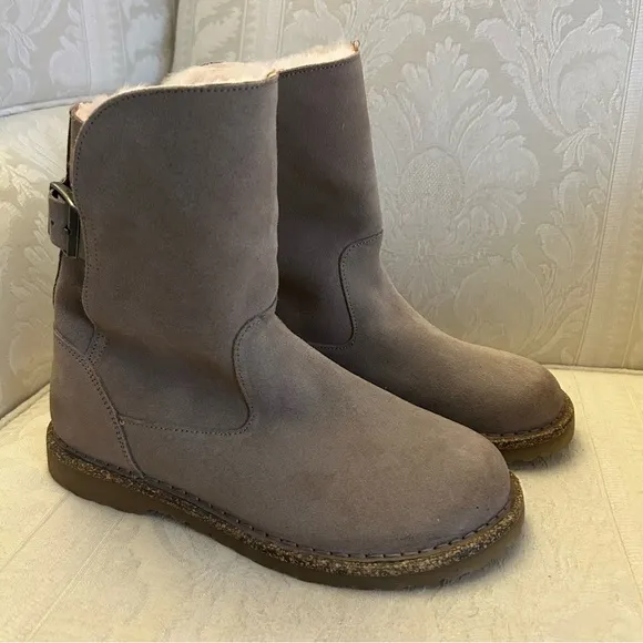 Birkenstock Uppsala shearling suede leather boots in size 7 euro 38 taupe/pink
