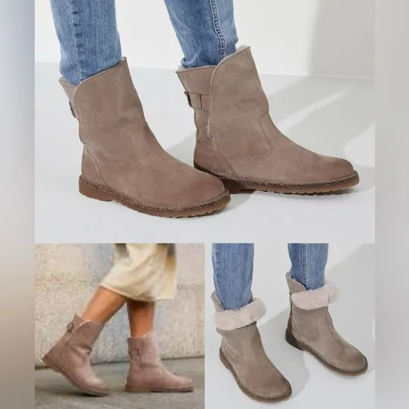 Birkenstock Uppsala shearling suede leather boots in size 7 euro 38 taupe/pink