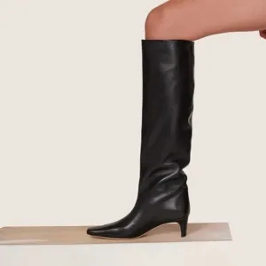 Black Women Comfortable Low Heel Pull on Stylish Knee High Boots Square Toe Boot