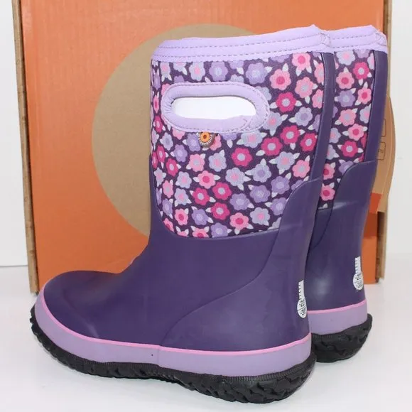 BOGS Girls Grasp Flower Purple Pull On Insulated Rain Waterproof Winter Boot