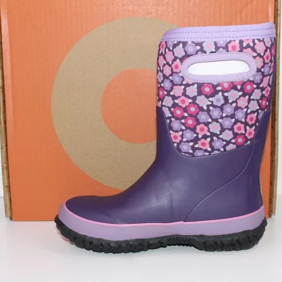 BOGS Girls Grasp Flower Purple Pull On Insulated Rain Waterproof Winter Boot