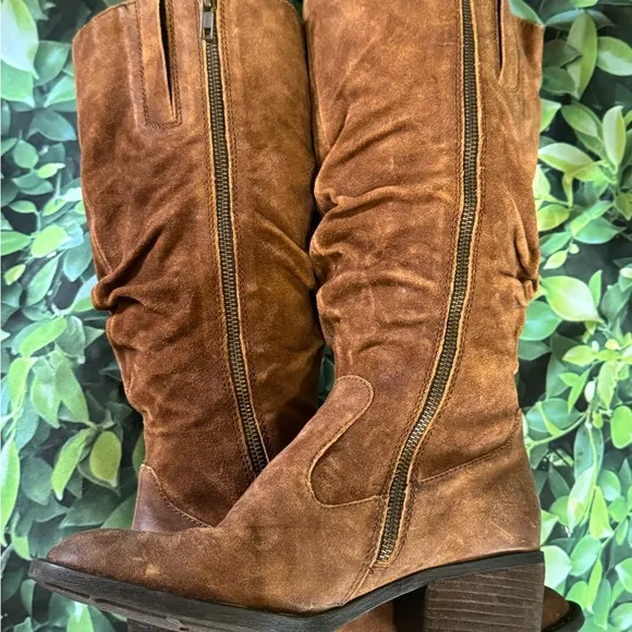 Born Mid-Calf Slouch Boots Women’s 7.5 Rust Distressed Suede Leather &amp; zipper.